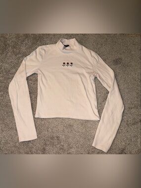 Forever 21 Cream Long Sleeve Mock Neck Tee with Red Rose Embroidery
